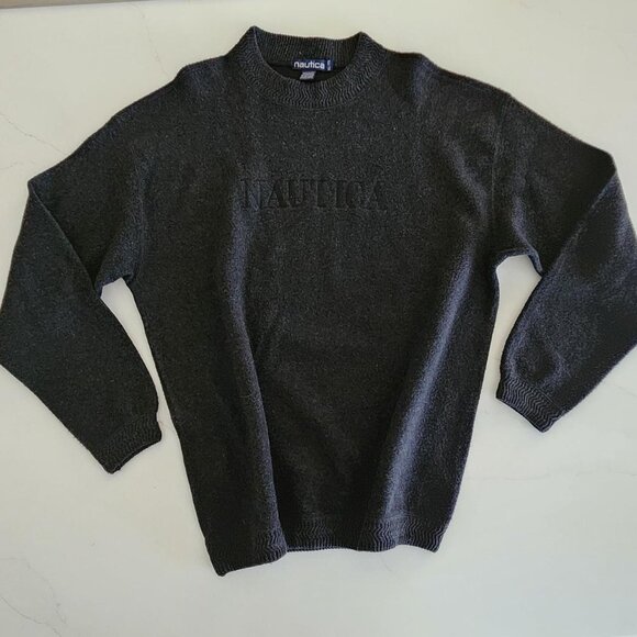 VTG Nautica Wool Sz XL Men's Crewneck Sweater Gray Spell Out Knit Pullover Top - Picture 1 of 10